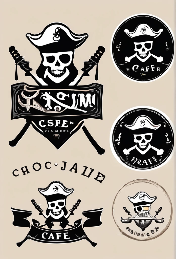 The logo of this cafe is based on the concept of a stylish pirate. The pirate's hat is、A mug of coffee A little humorous logo Pretty cool Chic and modern design Background is white