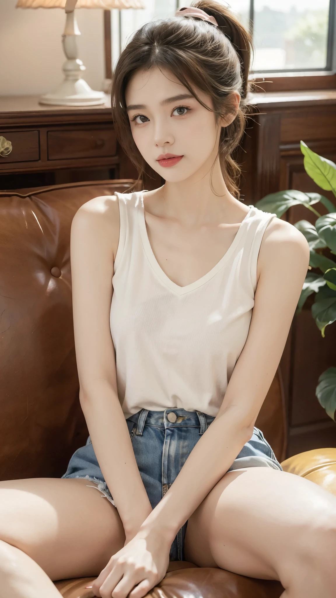 (((best quality))),(((very detailed))),(((masterpiece))),illustration,((1 beautiful girl, College student,alone)),((slim,thin,,flat chest)),(short ponytail:1.2),(sleeveless shirt:1.2), studying, books, dormitory, Summer Afternoon, sky, gloomy shadow, bed, Wooden desk, bookshelf, Soft and warm light, lamp, soft light, Almond-shaped eyes, textbooks, fancy, Beach, city, vacation, laugh, pen, emphasis, notebook, date, leg stretching, A cushion, portable fan, soothing breeze, summer heat, herbal tea, thirst, potted plants, greenery, vibrant leaves, cozy atmosphere, a firm expression, excel test, Summer Vacation, Intellect, crystal, achieve the goal,((sit on the sofa,arms back,spread legs,in front,whole body))