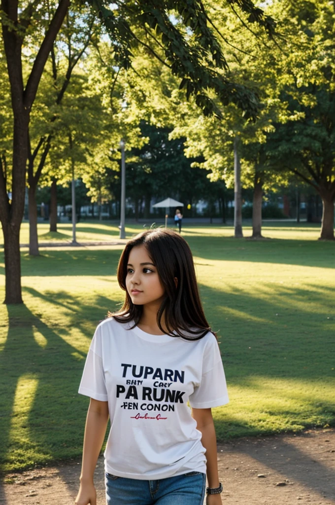 A cute girl setting a park and his t-shirt written rejuana