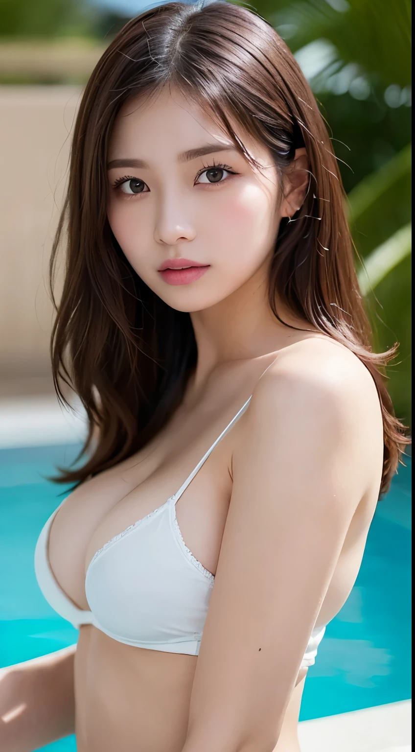 Tabletop, Highest quality, figure, Super detailed, In detail, High resolution, 8k wallpaper, Perfect dynamic composition, Beautiful fine details,Small Breasts Natural Color Lip, Bold sexy pose、20-year-old girl、cute、sexy shot looking at camera,Face close-up,KPOP idol faces,Full nudity,Super detailed face,Attention to detail,double eyelid,Beautiful thin nose,Sharp focus:1.2,Beautiful woman:1.4,(Light brown hair,Shortcuts, White skin,Highest quality,masterpiece,超A high resolution,(Photorealistic:1.4),No exposure,Small A-cup breasts,Firm stomach,At the tropical pool,Sensual,Full nudity,Aroused expression,