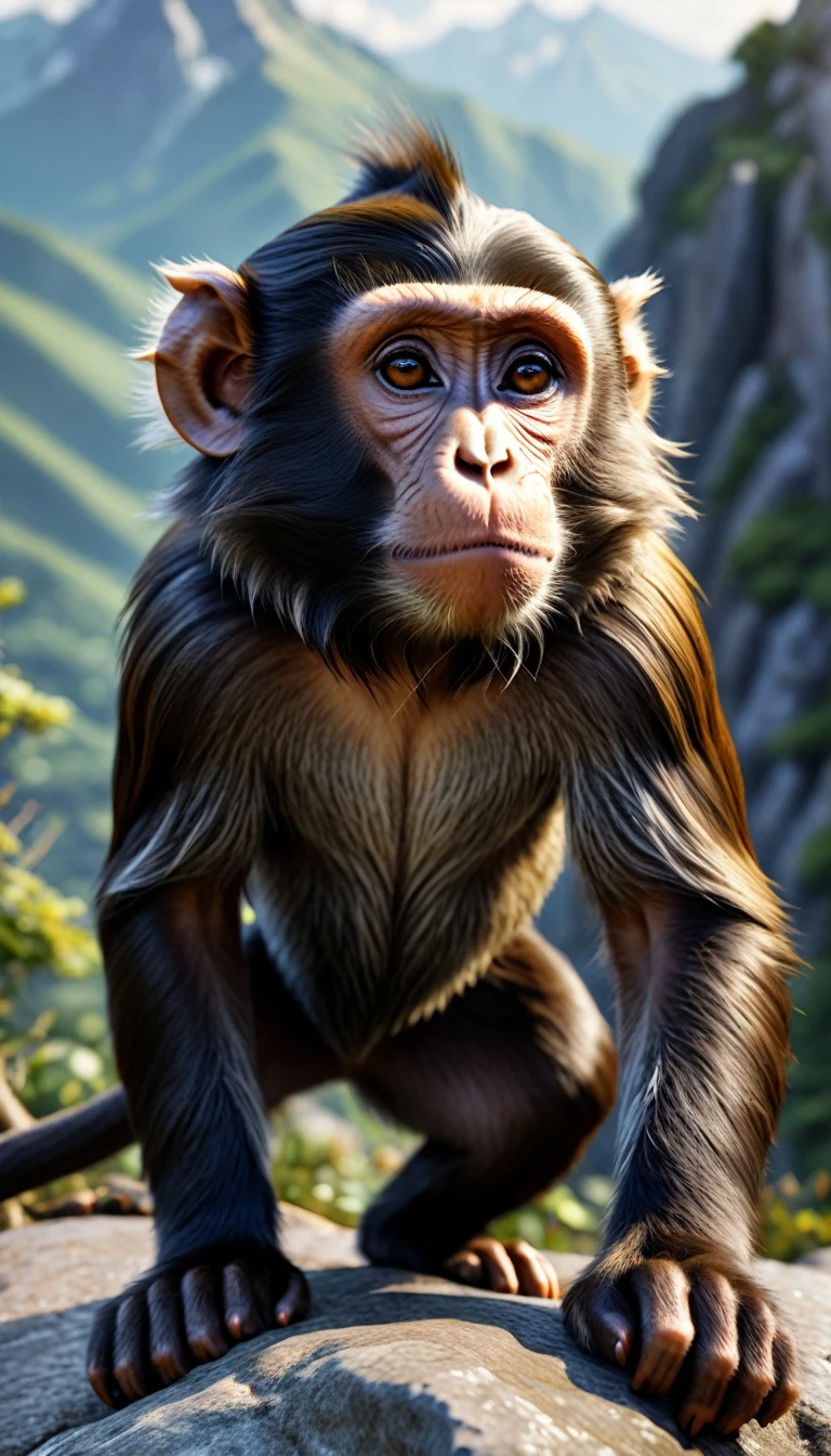 There is a wild beast on the mountain,Looks like a monkey but has four ears(best quality,4K,8K,High level,masterpiece:1.2),Ultra Detailed,(lifelike,Photo real,Photo real:1.37),Highly detailed animals,Realistic lighting,Fantasy Creatures