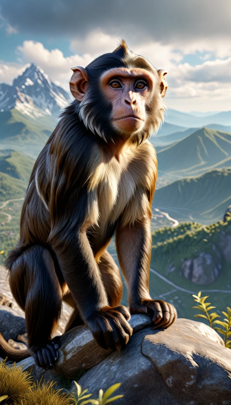 There is a wild beast on the mountain，Looks like a monkey but has four ears(best quality，4K，8K，High level，masterpiece：1.2），Ultra Detailed，（lifelike，Photo real，Photo real：1.37），Highly detailed animals，Realistic lighting，Fantasy Creatures