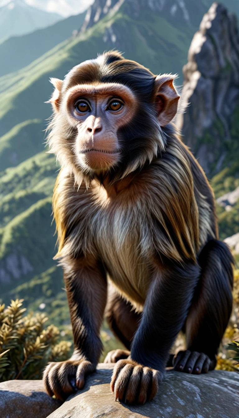 There is a wild beast on the mountain,Looks like a monkey but has four ears(best quality,4K,8K,High level,masterpiece:1.2),Ultra Detailed,(lifelike,Photo real,Photo real:1.37),Highly detailed animals,Realistic lighting,Fantasy Creatures