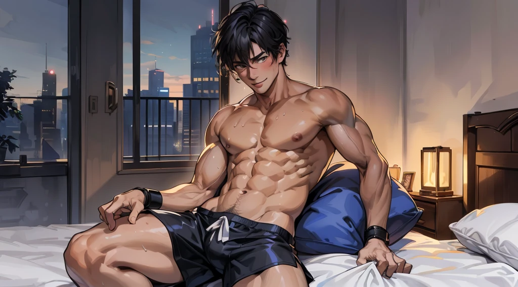 (absurd, high resolution, Extremely detailed), masterpiece, best quality, (( and handsome man)), Blushing smile,muscular, handsome guy, Big biceps, Abdominal muscles, thigh, Broad shoulders, Open the chest,, Black short hair,sweat, Shirtless,
