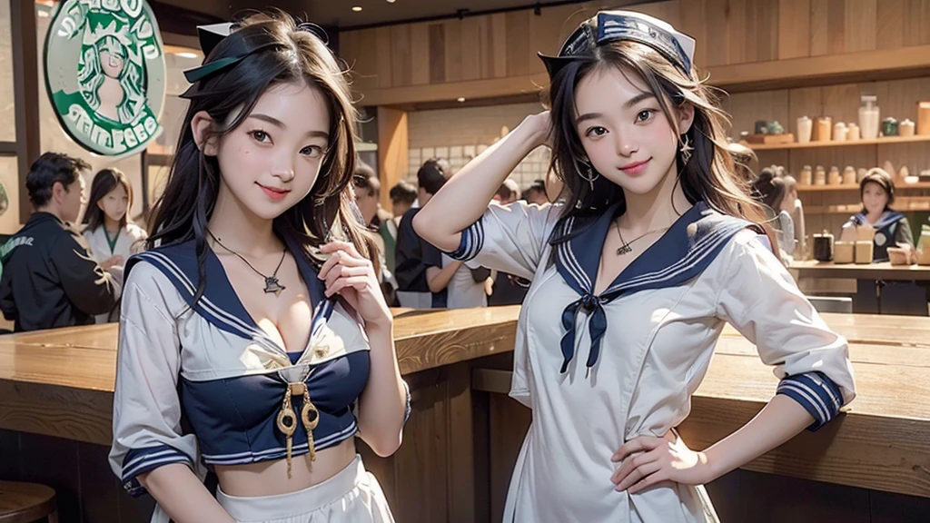 Two girls are playing and hugging each other from behind,,Cute junior high school girl like an angel,With a happy smile,Accurately drawn faces,Flat Chest,Anatomically correct,Accurate Fingers,A girl hugs another girl from behind and touches her breasts,,white mini sailor dress,White Beret,They both wear matching clothes.....,Her skirt is flipped up、Blue pants are peeking out a little..,healthy,Active Poses and Angles,In a bright park,masterpiece,high quality,((((Emphasize cleavage))))