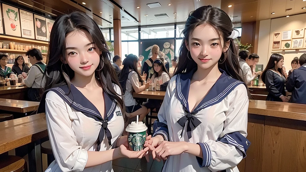 8K、RAW Photos、Highest quality、Super detailed、Super Resolution、Ultra HD、8K壁紙、Amazing details
(((Inside the Starbucks store)))、(((( high school girl in sailor suit))))、Eat cake、Drink coffee、smile、Heart Necklace(((Emphasize cleavage)))
(Full body photo)