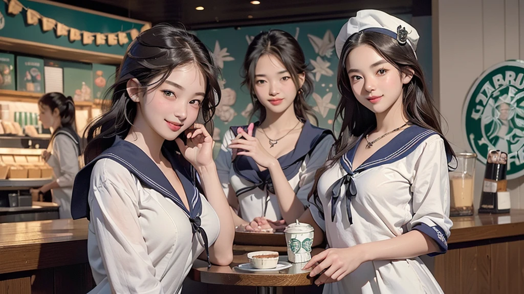 8K、RAW Photos、Highest quality、Super detailed、Super Resolution、Ultra HD、8K壁紙、Amazing details
(((Inside the Starbucks store)))、(((( high school girl in sailor suit))))、Eat cake、Drink coffee、smile、Heart Necklace(((Emphasize cleavage)))
(Full body photo)