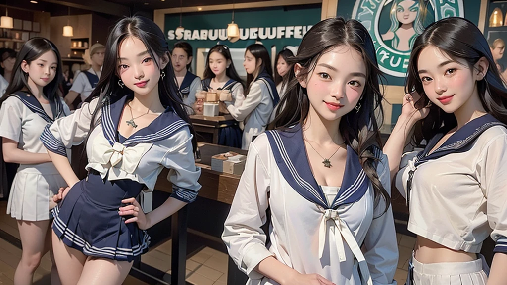 8K、RAW Photos、Highest quality、Super detailed、Super Resolution、Ultra HD、8K壁紙、Amazing details
(((Inside the Starbucks store)))、(((( high school girl in sailor suit))))、Eat cake、Drink coffee、smile、Heart Necklace(((Emphasize cleavage)))
(Full body photo)
