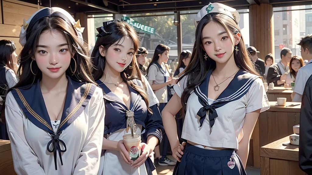 8K、RAW Photos、Highest quality、Super detailed、Super Resolution、Ultra HD、8K壁紙、Amazing details
(((Inside the Starbucks store)))、(((( high school girl in sailor suit))))、Eat cake、Drink coffee、smile、Heart Necklace(((Emphasize cleavage)))
(Full body photo)
