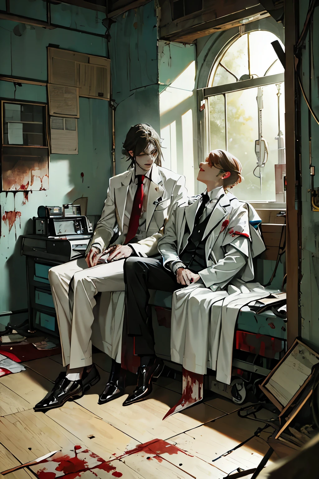 ((best quality)), ((masterpiece)), (detailed), Two men sitting on the floor of a dilapidated hospital ward,There are zombies passing by the window behind me.,A man in a white coat and shirt,Another wearing a guard,Blood transfusion in the middle