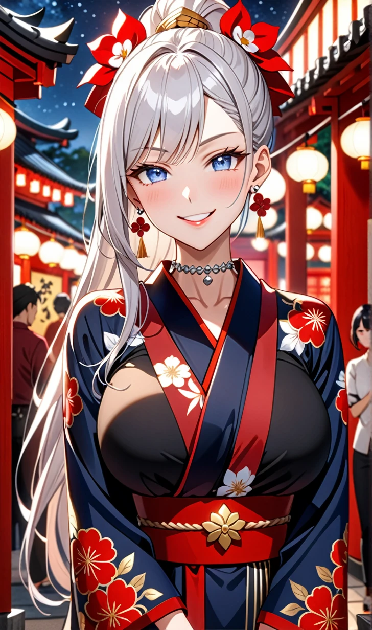 ((one girl)), hyper detailed, absurdres, 8K,Cute face, (Laugh shyly), ((teasing smile:1.8)), ((Wink:1.8)), (Laugh with your mouth wide open:1.3),(Tilt your head:1.3),  View your viewers, ((Bright red cheeks:1.6)),Glossy Red Lips, ((Big Breasts:1.5)) night, Shrine festival stalls, (Brighten your face), ((Anime style background)),masterpiece, Highest quality, so beautiful,Latest, Complex details, (Pink long nails), (nail art), (ring),(bracelet), (helix piercing:1.7), (Floral Choker),AI-generated, Complex,High resolution, Highest quality, super high quality,3D Images、3D Images,One person,Long white hair,(High Ponytail), Anime woman posing for a photo,((silver eyes:1.6)), ((Fine grain、blue eyes、Shining Eyes:1.7)), (Squint your eyes:1.1),a hyperRealistic , hyperRealistic , Realistic,Anime woman with long white hair, Smooth anime CG art, With gold embroidery、A girl in a gorgeous kimono, ((Black long sleeve kimono:1.3)),(Red large floral pattern) ,Long flower hair ornament,Floral Earrings,Mature Body, expensive,Abdominal muscles,Tight waist,((Zoom in on face:1.9)), (front view),