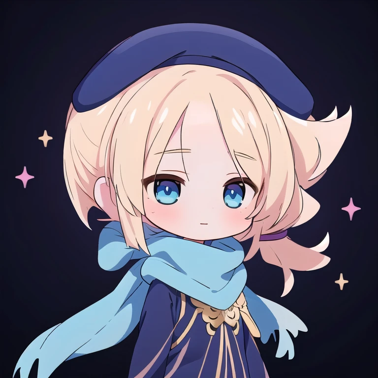 a beautiful anime girl with long blonde hair wearing a scarf, detailed intricate facial features, cute anime girl, anime protagonist, adorable anime girl face, young anime girl, anime style, beautiful blue eyes, detailed anime art style, highly detailed anime art, anime girl, cold, cool, 8k, 16k, starry galaxy background, blue eyes, blonde hair, yellow, blue eyes
