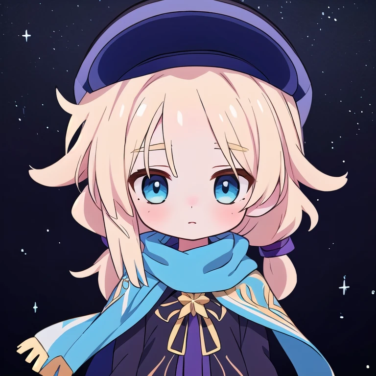 a beautiful anime girl with long blonde hair wearing a scarf, detailed intricate facial features, cute anime girl, anime protagonist, adorable anime girl face, young anime girl, anime style, beautiful blue eyes, detailed anime art style, highly detailed anime art, anime girl, cold, cool, 8k, 16k, starry galaxy background, blue eyes, blonde hair, yellow, blue eyes