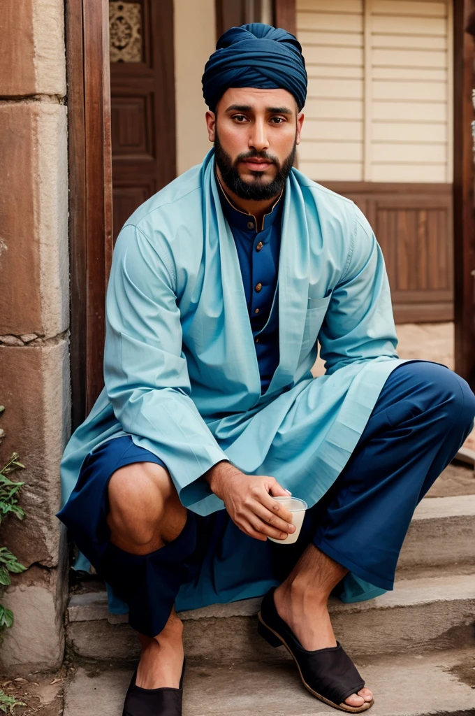 Create a kashmiri chad meme wearing a pheran and drinking kahva