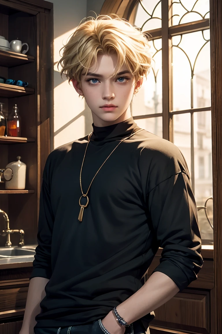 A man, , blonde hair, short hair, wavy hair, amber eyes, high quality