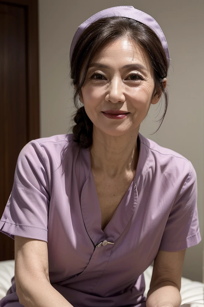 (masterpiece:1.4),(66-year-old woman:1.5),(facial wrinkles 1.2), (hair tied up : 1), A kind smile,maternal, Mature Woman, (dressed as a nurse : 1.2), nurse uniform