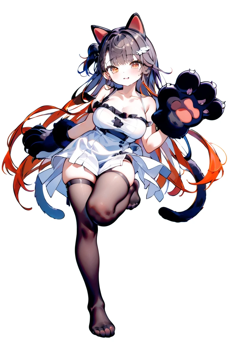 (masterpiece, Highest quality),One girl, alone,Large Breasts, White Dress, marker, Animal Hands, 猫のfeet,Black legwear, No shoes, （Vtuber Standing Pictures）、（Standing picture on the front）、Shoulder Bare、feet、White Background, whole body、merkuriacat、animal hands、cat paws、Long Hair、Orange Hair, Hello, have,