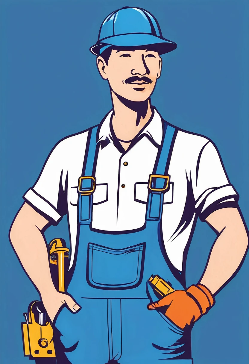 Maintenance personnel，A man wearing a blue hat，Wearing blue overalls，illustration，Stroke，formal，Icon logo，