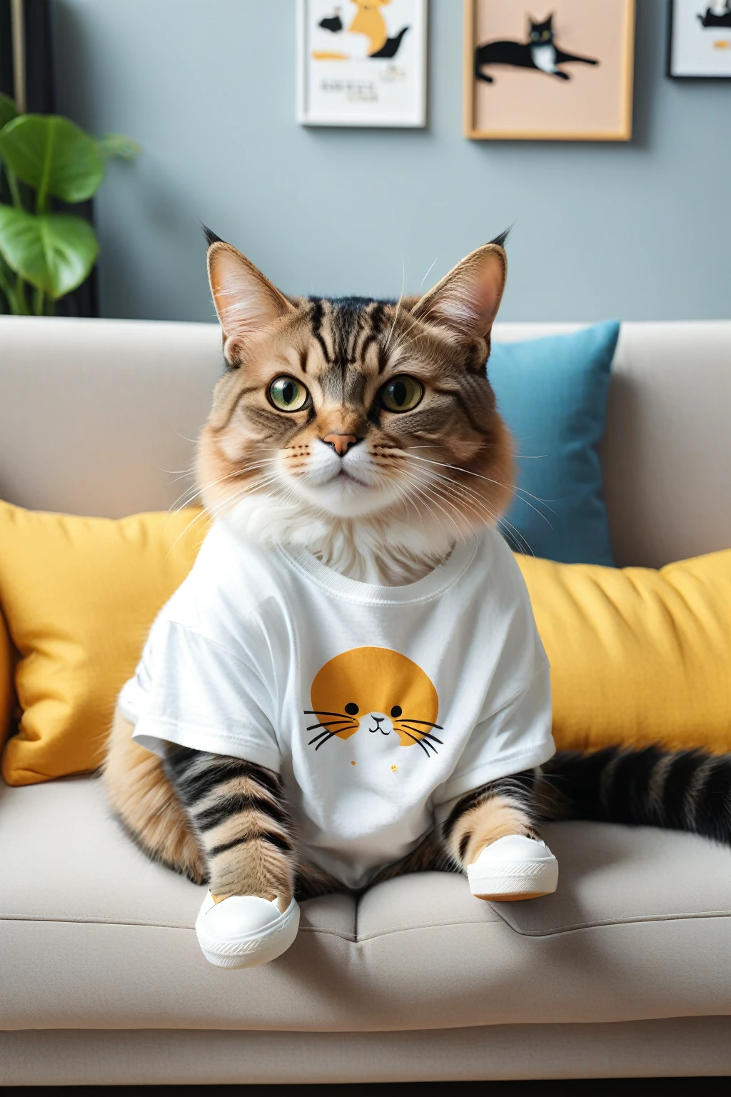 A cat wearing a T-shirt and sneakers is relaxing on a sofa and looking at you、Cute Characters、Center composition、looking at the camera、