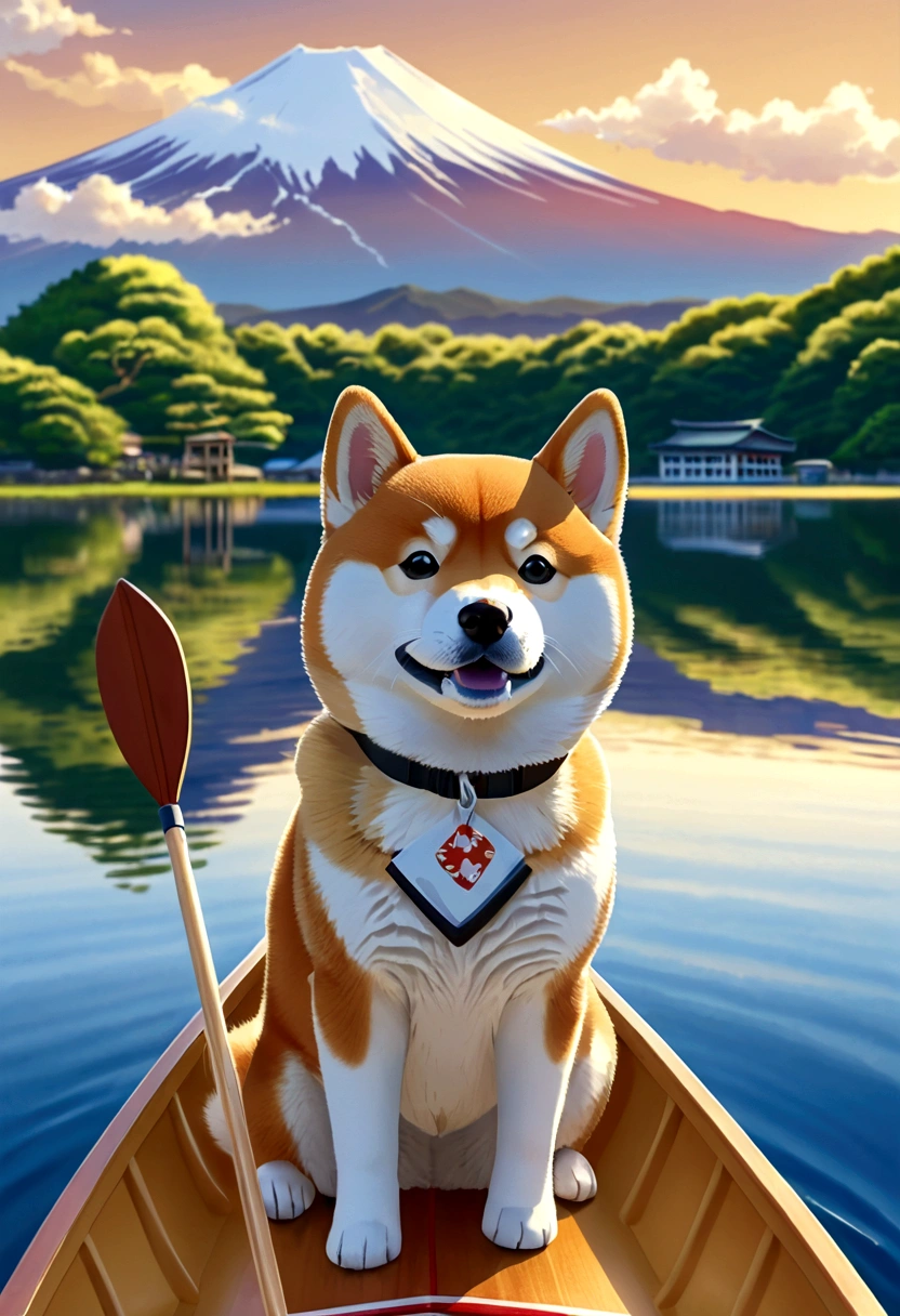 Close-up,かわいいShiba Inuのイラスト、Anime Style、Shiba Inu, small, With brown paddle, Boat ride on Lake Yamanaka in summer. Mount Fuji in the background, Extremely high precision and image quality