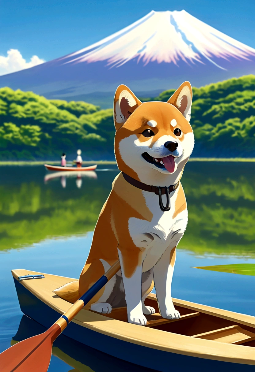 Close-up,かわいいShiba Inuのイラスト、Anime Style、Shiba Inu, small, With brown paddle, Boat ride on Lake Yamanaka in summer. Mount Fuji in the background, Extremely high precision and image quality