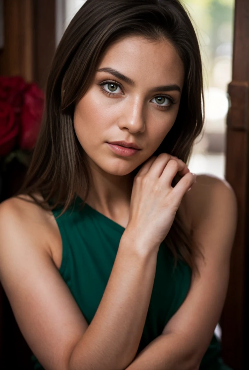 young woman , brunette with green eyes, short clock and rose tattoo from shoulder to arm in underwear in her bedroom