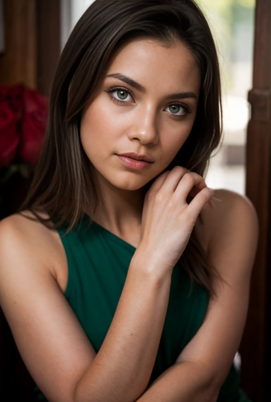 young woman , brunette with green eyes, short clock and rose tattoo from shoulder to arm in underwear in her bedroom 