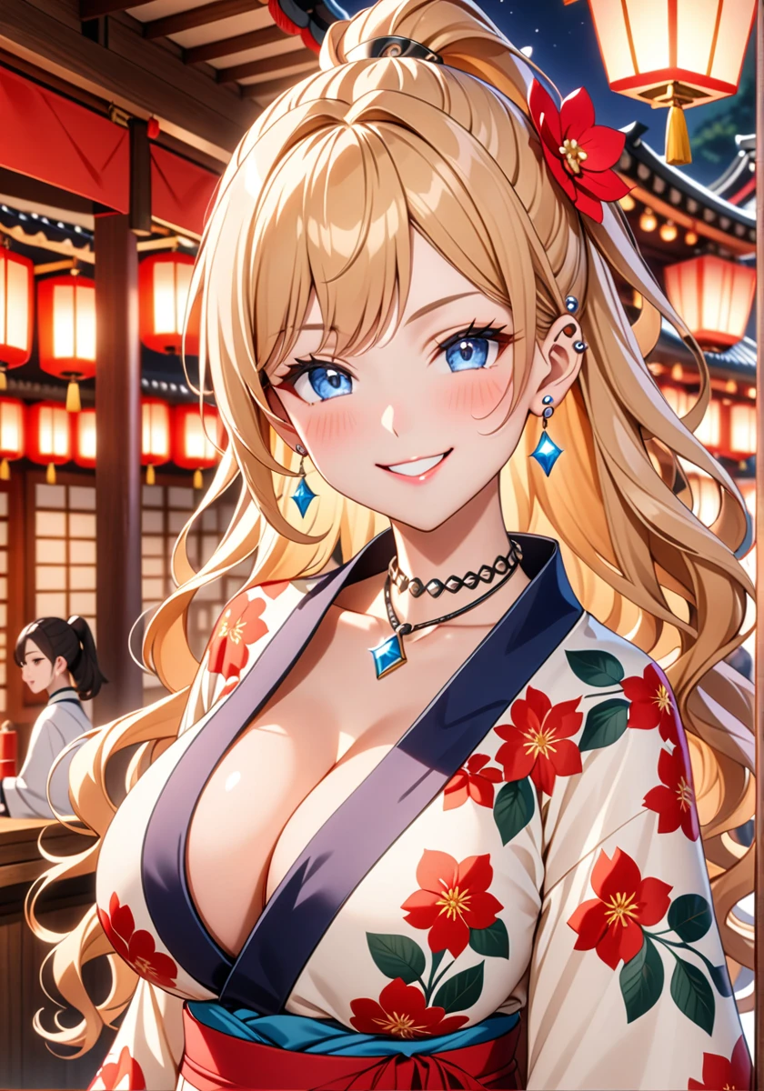 ((one girl)), hyper detailed, absurdres, 8K,Cute face, Beautiful Face, (Laugh shyly), ((teasing smile:1.8)), ((Wink:1.8)), (Laugh with your mouth wide open),(Tilt your head:1.3), View your viewers, ((Bright red cheeks:1.6)),Glossy Red Lips, ((Big Breasts:1.5)) night, Shrine festival stalls, (Brighten your face), ((Anime style background)),masterpiece, Highest quality, so beautiful,Latest, Complex details, (Pink long nails), (nail art), (ring),(bracelet), (helix piercing:1.7), (Floral Choker),AI-generated, Complex,High resolution, Highest quality, super high quality,3D Images、3D Images,One person,Blonde long hair,(High Ponytail), (Wavy Hair), Anime woman posing for a photo, ((Fine grain、blue eyes、Shining Eyes:1.4)), (Squint your eyes:1.1),a hyperRealistic , hyperRealistic , Realistic,Long blonde anime woman, Smooth anime CG art, Pink large floral patternの刺繍が入った、A girl in a gorgeous kimono, ((White long-sleeved kimono)),(Pink large floral pattern) ,Long flower hair ornament,Floral Earrings,Mature Body, expensive,Abdominal muscles,Tight waist,((Zoom in on face:1.9)), (front view),