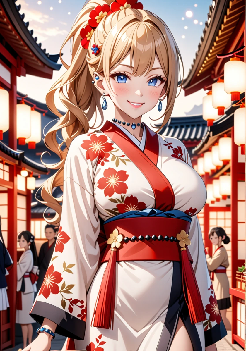 ((one girl)), hyper detailed, absurdres, 8K,Cute face, Beautiful Face, (Laugh shyly), ((teasing smile:1.8)), ((Wink:1.8)), (Laugh with your mouth wide open),(Tilt your head:1.3), View your viewers, ((Bright red cheeks:1.6)),Glossy Red Lips, ((Big Breasts:1.5)) night, Shrine festival stalls, (Brighten your face), ((Anime style background)),masterpiece, Highest quality, so beautiful,Latest, Complex details, (Pink long nails), (nail art), (ring),(bracelet), (helix piercing:1.7), (Floral Choker),AI-generated, Complex,High resolution, Highest quality, super high quality,3D Images、3D Images,One person,Blonde long hair,(High Ponytail), (Wavy Hair), Anime woman posing for a photo, ((Fine grain、blue eyes、Shining Eyes:1.4)), (Squint your eyes:1.1),a hyperRealistic , hyperRealistic , Realistic,Long blonde anime woman, Smooth anime CG art, Pink large floral patternの刺繍が入った、A girl in a gorgeous kimono, ((White long-sleeved kimono)),(Pink large floral pattern) ,Long flower hair ornament,Floral Earrings,Mature Body, expensive,Abdominal muscles,Tight waist,((Zoom in on face:1.9)), (front view),