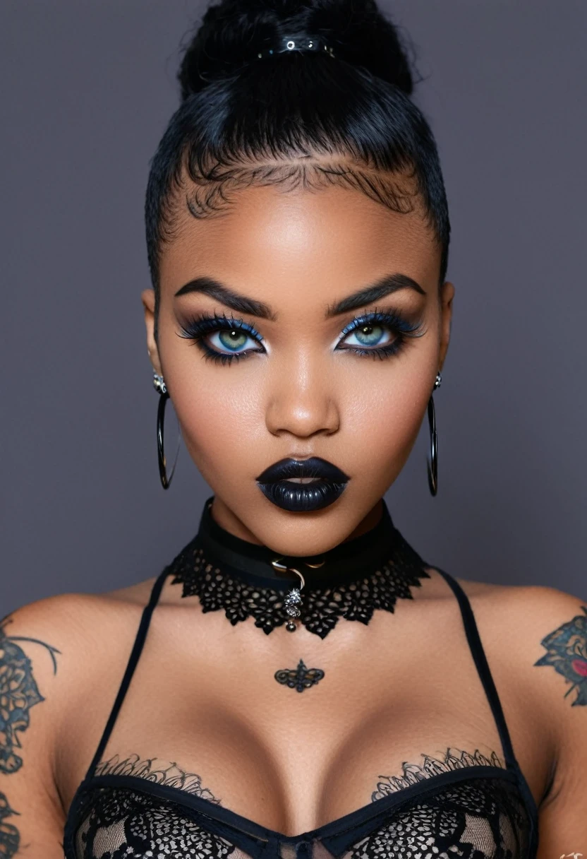 (Ganzkörper)Create a photo realistic hyper realistic heavily tattooed young adorable goth african girl, beautiful perfect face, vibrant sapphire eyes, thin curved black eyebrows, long luscious eyelashes, black eyeliner, black eye shadow, puckered curved lips, thick black lipstick, long natural african hair, black lace choker collar, voluptuous curved body, black lingerie, black thong, big breasts