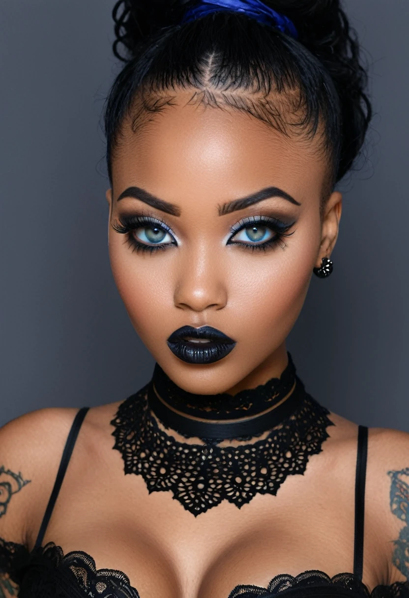 (Ganzkörper)Create a photo realistic hyper realistic heavily tattooed young adorable goth african girl, beautiful perfect face, vibrant sapphire eyes, thin curved black eyebrows, long luscious eyelashes, black eyeliner, black eye shadow, puckered curved lips, thick black lipstick, long natural african hair, black lace choker collar, voluptuous curved body, black lingerie, black thong,
