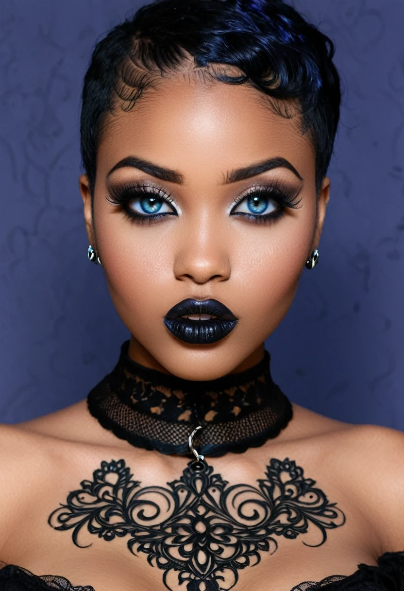(Ganzkörper)Create a photo realistic hyper realistic heavily tattooed young adorable goth african girl, beautiful perfect face, vibrant sapphire eyes, thin curved black eyebrows, long luscious eyelashes, black eyeliner, black eye shadow, puckered curved lips, thick black lipstick, long natural african hair, black lace choker collar, voluptuous curved body, black lingerie, black thong, big breasts
