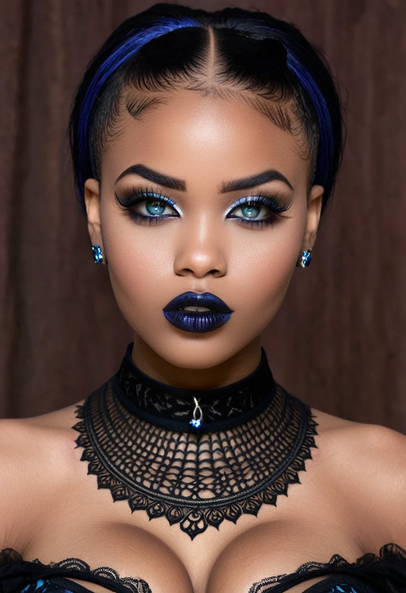 (Ganzkörper)Create a photo realistic hyper realistic heavily tattooed young adorable goth african girl, beautiful perfect face, vibrant sapphire eyes, thin curved black eyebrows, long luscious eyelashes, black eyeliner, black eye shadow, puckered curved lips, thick black lipstick, long natural african hair, black lace choker collar, voluptuous curved body, black lingerie, black thong, big breasts