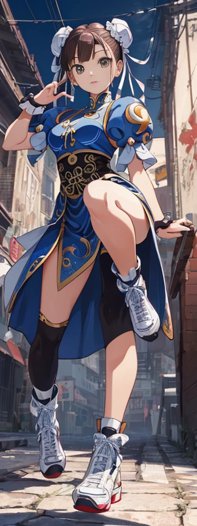 chun-li,((masterpiece)), ((best quality)), ((ultra detailed)), ((kawaii)), cute, (lovely), ((extremely detailed)), ((8K)), (beautiful),flat breast, tiny breast,full body