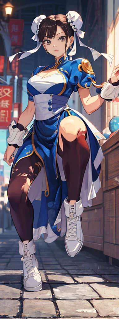 chun-li,((masterpiece)), ((best quality)), ((ultra detailed)), ((kawaii)), cute, (lovely), ((extremely detailed)), ((8K)), (beautiful),flat breast, tiny breast,full body