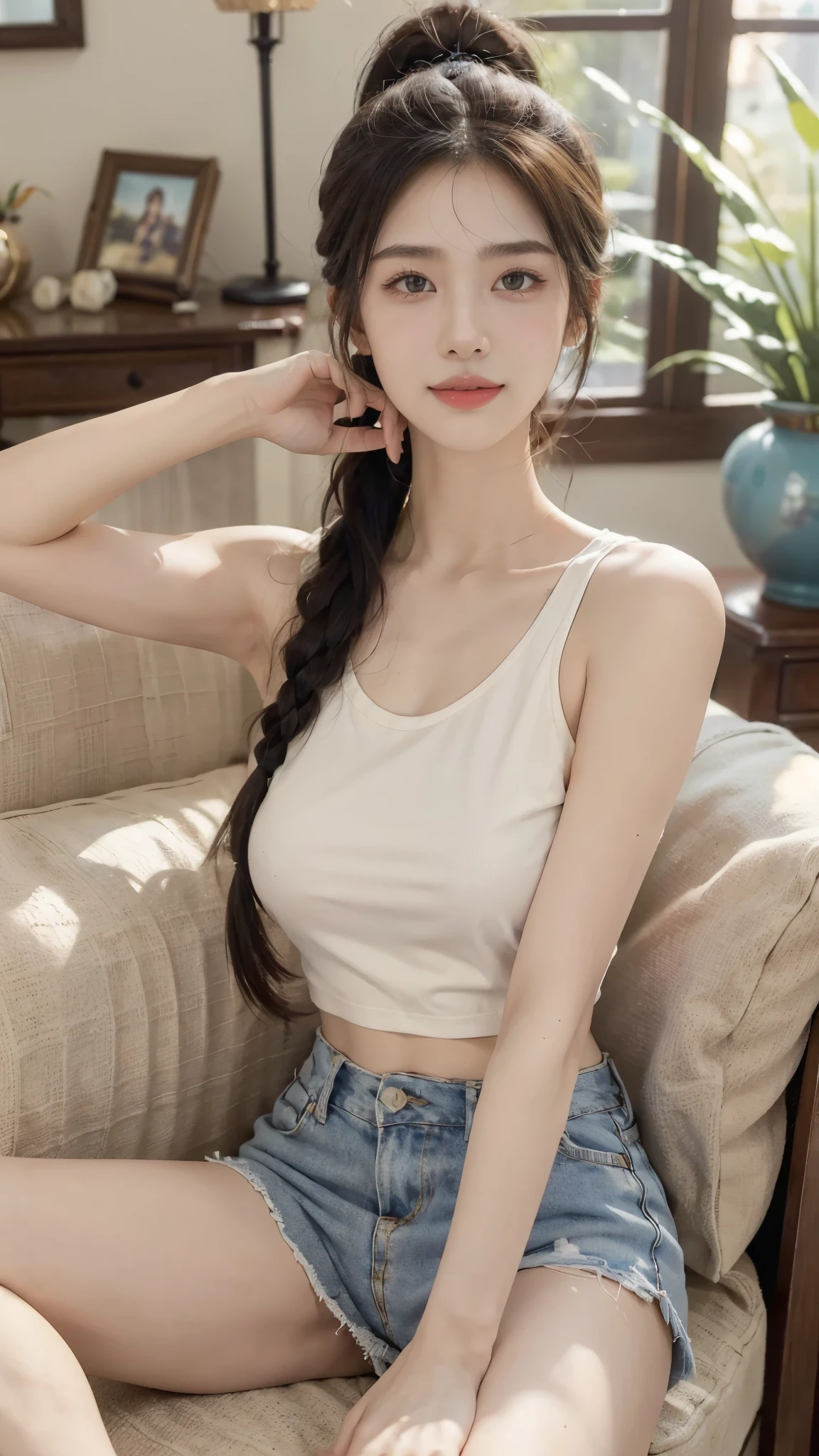 (((best quality))),(((very detailed))),(((masterpiece))),illustration,((1 beautiful girl, College student,alone)),((slim,thin,huge breasts,big bust)),(long ponytail:1.2),(sleeveless shirt:1.2), studying, books, dormitory, Summer Afternoon, sky, gloomy shadow, bed, Wooden desk, bookshelf, Soft and warm light, lamp, soft light, Almond-shaped eyes, textbooks, fancy, Beach, city, vacation, Smiling broadly, pen, emphasis, notebook, date, leg stretching, A cushion, portable fan, soothing breeze, summer heat, herbal tea, thirst, potted plants, greenery, vibrant leaves, cozy atmosphere, a firm expression, excel test, Summer Vacation, Intellect, crystal, achieve the goal,((sit on the sofa,arms back,spread legs,in front,whole body))