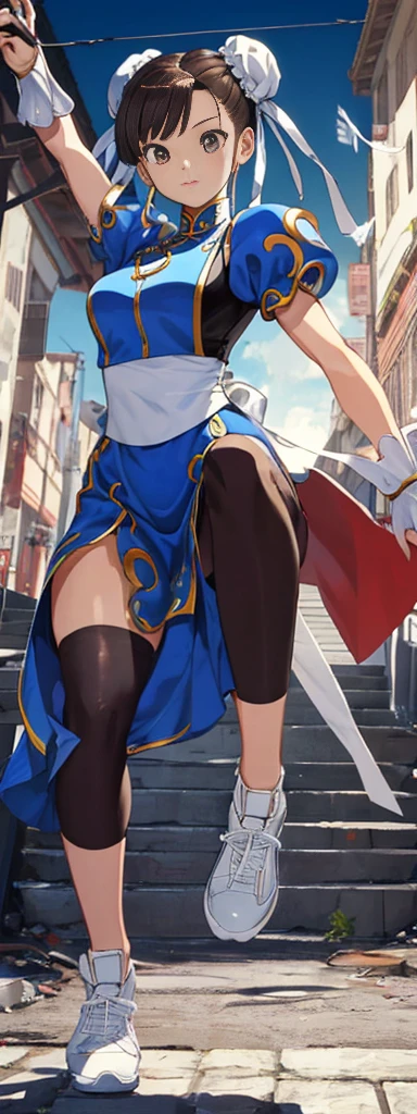 chun-li,((masterpiece)), ((best quality)), ((ultra detailed)), ((kawaii)), cute, (lovely), ((extremely detailed)), ((8K)), (beautiful),flat breast, tiny breast,full body