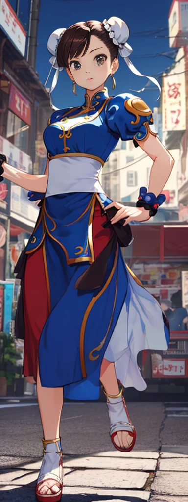 chun-li,((masterpiece)), ((best quality)), ((ultra detailed)), ((kawaii)), cute, (lovely), ((extremely detailed)), ((8K)), (beautiful),flat breast, tiny breast,full body