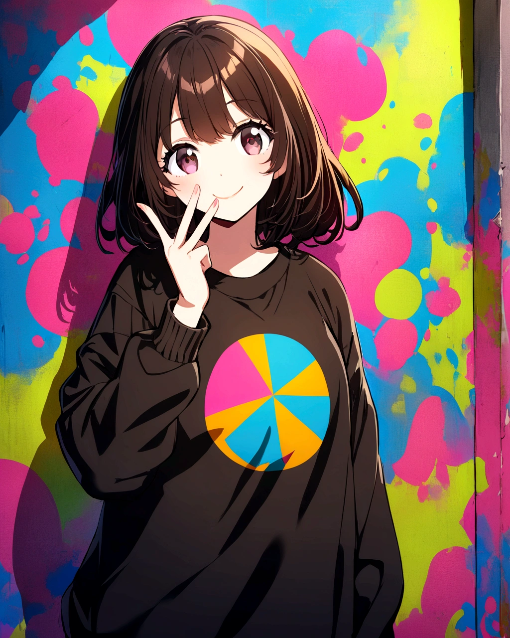 Create an anime-style illustration of a cheerful girl with medium-length dark hair. She is wearing an oversized black sweatshirt with a large, abstract smiley face graphic on it. The girl is posing with one hand making a peace sign near her face and is winking, smiling brightly. The background should be a graffiti-covered wall with a mix of colorful splashes. The artist's signature 'Sushi JK.' should be included in the corner of the image.