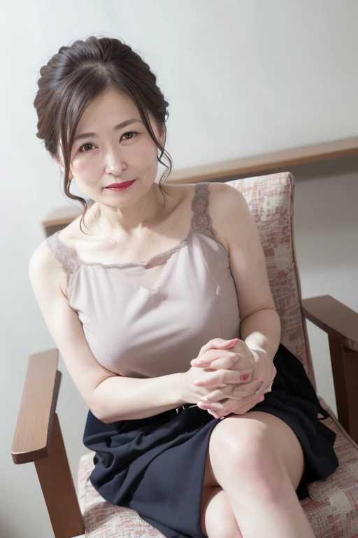 8K, Mature elegant Japanese woman, 55 years old, Married women, Delicate features, Long eyelashes, Sparkling eyes, Low Ponytail, Red lipstick, Rosy Cheeks, eye shadow, Attractive lips,  Sheer camisole(dress), Sit on a chair, Crossing your legs, photo shoot,  (Highest quality,8K,High resolution,masterpiece:1.2),