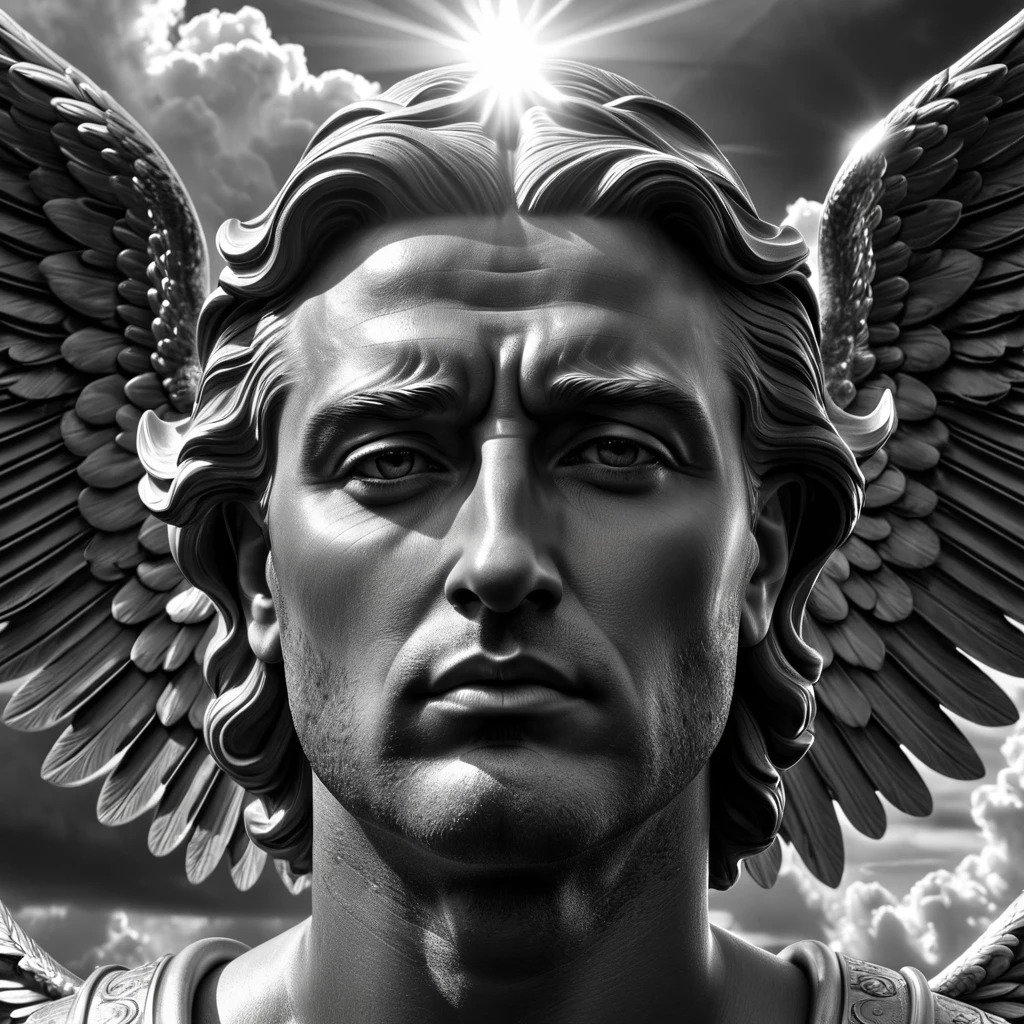 archangel, religious, surrealistic, thinking, Surrealism, Social realism, cinematic lighting, god rays, ray tracing, blending, multiple monochrome, masterpiece, high details, award winning, 8k, highres, best quality, strong man, the sky is like trembling, highly detailed face, perfect well drawn face, universal facial features