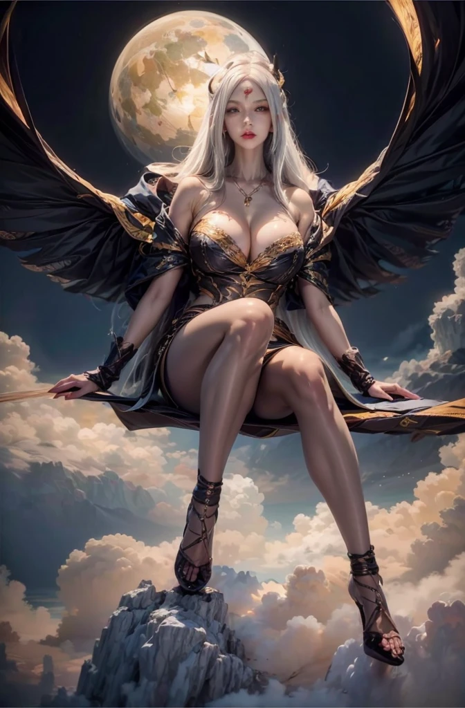 realistic, 1 women, best quality, 12k, HD, long hair, big round breasts, cleavage, ponytail, necklace, jewelry, shorts, short jacket, slim hips, hair tie, yellow eyes, black hair, super detailed, Eye details, hair details, person details, mouth details, face details, breast details, clothes details, hair details, pants details, hand details, whole body