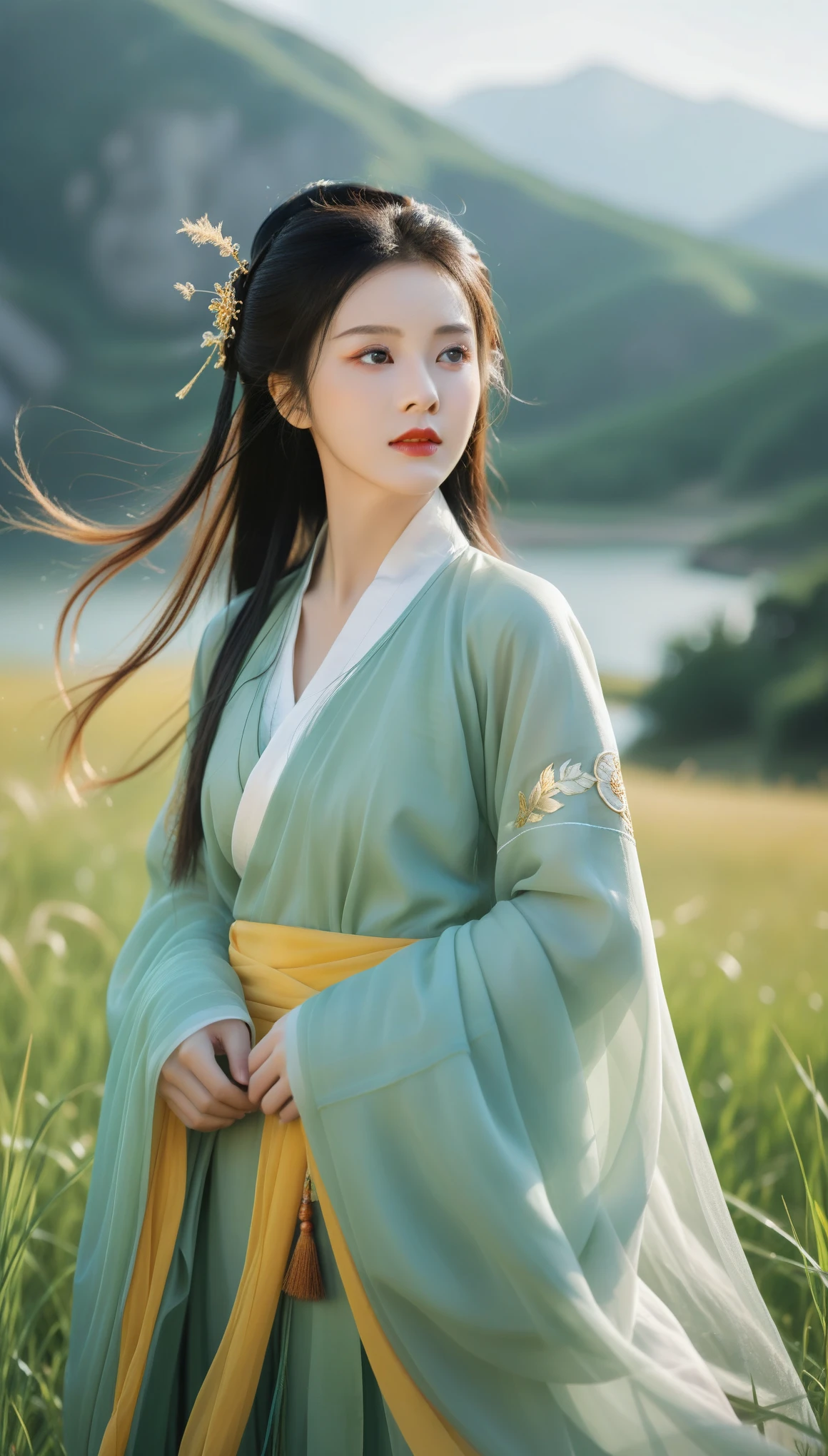 best quality,High definition portrait photography, looking at viewer,a female figure dressed in a traditional hanfu, summer,ruins,((messy hair)),(grassland),(yellow eyes),incredibly absurdres,(gold hair),floating hair,Large number of environments,the medieval ,grace,prospect,water eyes,wind,breeze,god ray,lawn,Mountains and lakes in the distance,The sun shines through the trees,A vast expanse of grassland,Beautiful face, beautiful eyes,