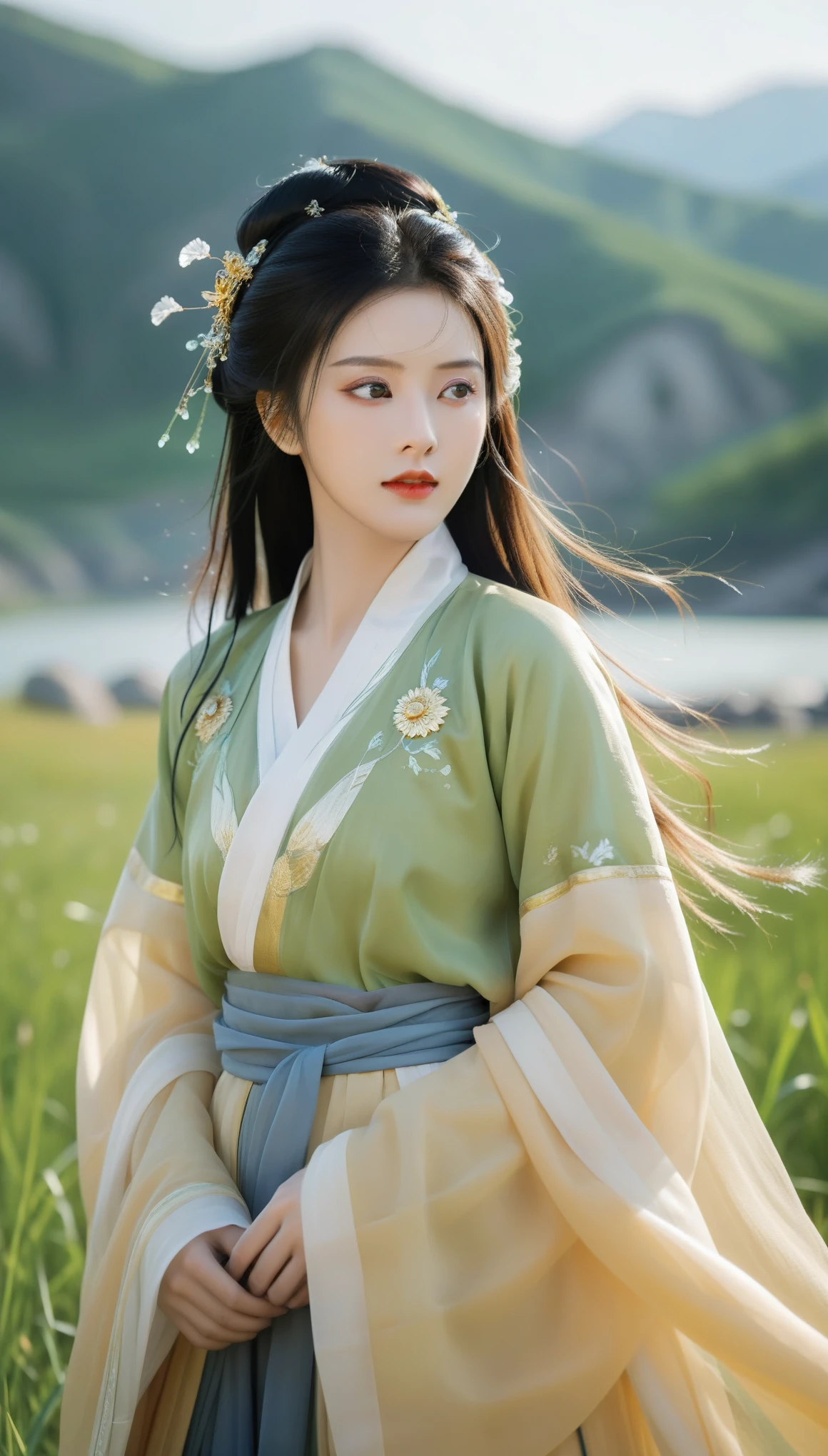 best quality,High definition portrait photography， looking at viewer,a  female figure dressed in a traditional hanfu, summer,ruins,((messy hair)),(grassland),(yellow eyes),incredibly absurdres,(gold hair),floating hair,Large number of environments,the medieval ,grace,prospect,water eyes,wind,breeze,god ray,lawn,Mountains and lakes in the distance,The sun shines through the trees,A vast expanse of grassland,Beautiful face, beautiful eyes,