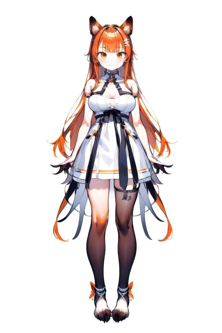 (masterpiece, Highest quality),One girl, alone,Large Breasts, White Dress, marker, Animal Hands, 猫のfeet,Black legwear, No shoes, （Vtuber Standing Pictures）、（Standing picture on the front）、Shoulder Bare、feet、White Background, whole body、animal hands、cat paws、Long Hair、Orange Hair, Hello, have,