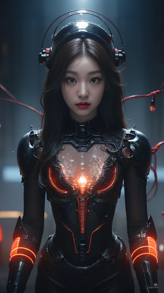 (기계1 girl과 외계인 1명)、(mystical expression)、top quality、masterpiece、Super high resolution、(realistic:1.4)、((heavy chest)),raw photo、1 girl、shiny skin、(((1 Mechanical Girl)))、((transparent crystal suit bodysuit、the body can see through)).(natural alien background to fight aliens)、(Compact LEDs)、((매우 realistic 디테일))),world lights、shadow、octane render、8K、very sharp、desk person background、giant 、Raw skin exposed in cleavage、red metal、Details of intricate ornaments、Japan Details、very intricate details、realistic light、(mystical expression),CG Society Trenlow Eyes、Shining eyes towards the camera、Mechanical peripheral blood vessels connected to tubes with neon details)、(Wires and cables connected to the head)、Compact L,mechanical thighs、Two-Stock、(Hands were also made by machines)、、alien from the future、Please wear a mechanical helmet.、