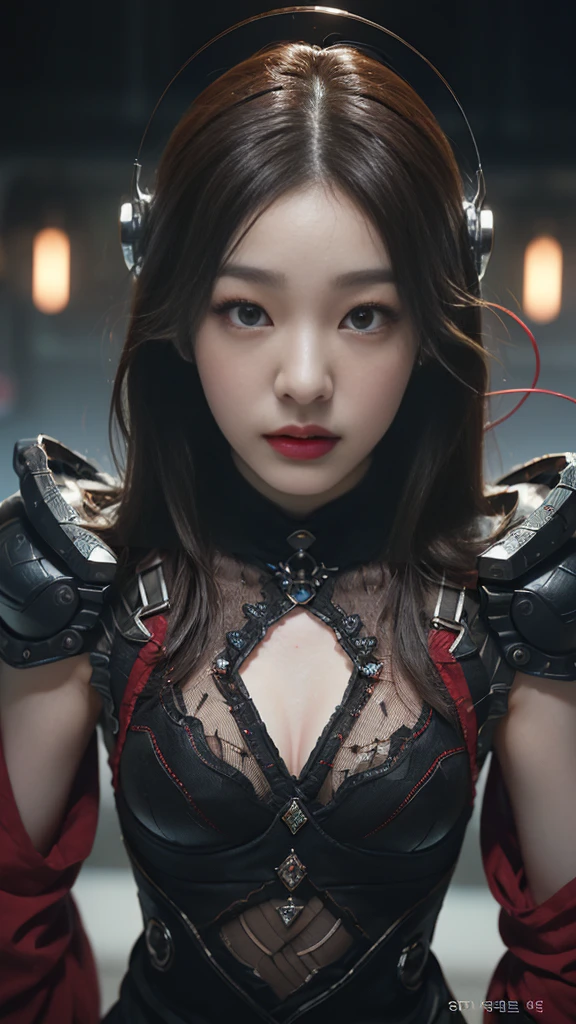 (기계1 girl과 외계인 1명)、(mystical expression)、top quality、masterpiece、Super high resolution、(realistic:1.4)、((heavy chest)),raw photo、1 girl、shiny skin、(((1 Mechanical Girl)))、((transparent crystal suit bodysuit、the body can see through)).(natural alien background to fight aliens)、(Compact LEDs)、((매우 realistic 디테일))),world lights、shadow、octane render、8K、very sharp、desk person background、giant 、Raw skin exposed in cleavage、red metal、Details of intricate ornaments、Japan Details、very intricate details、realistic light、(mystical expression),CG Society Trenlow Eyes、Shining eyes towards the camera、Mechanical peripheral blood vessels connected to tubes with neon details)、(Wires and cables connected to the head)、Compact L,mechanical thighs、Two-Stock、(Hands were also made by machines)、、alien from the future、Please wear a mechanical helmet.、