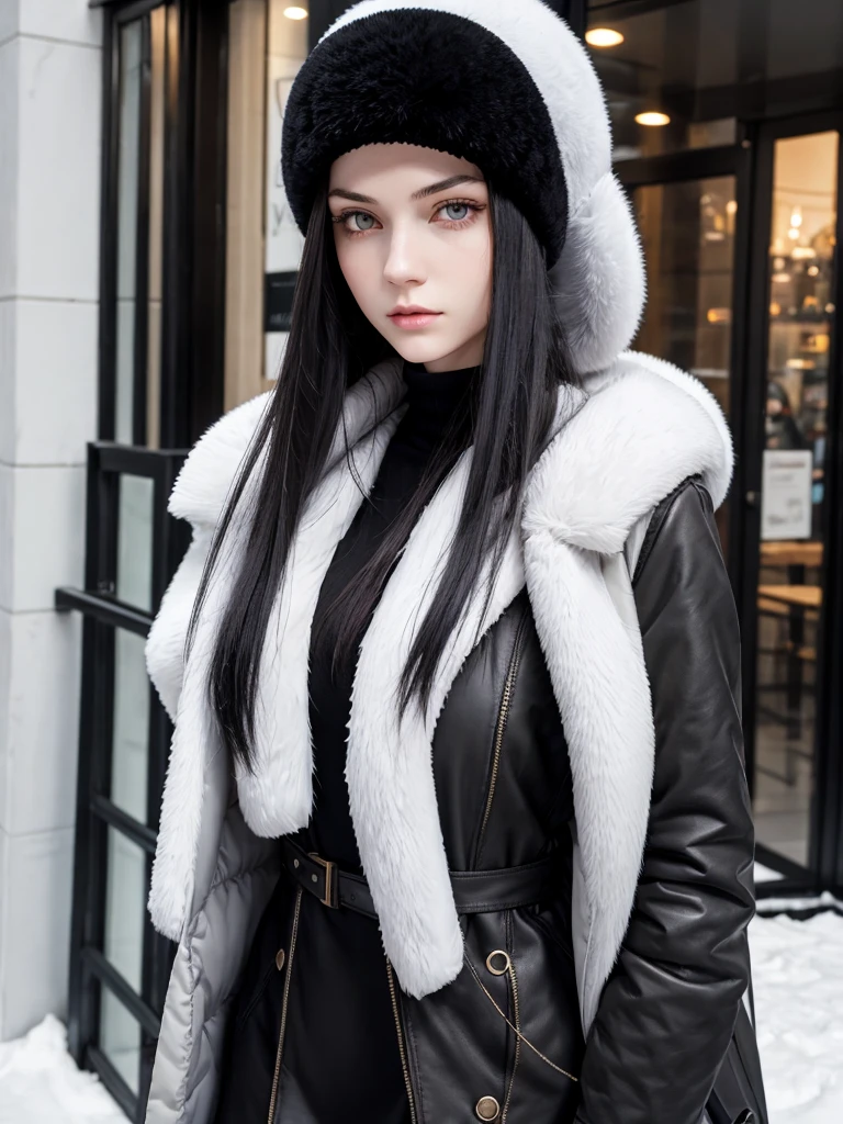 (best quality), 1girl, female, pale skin, (black hair), long hair, straight hair, grey eyes, perfect eyes, slender, tall, ushanka hat, winter coat, elegant, serious, normal bust, masterpiece, anatomically correct, highres
