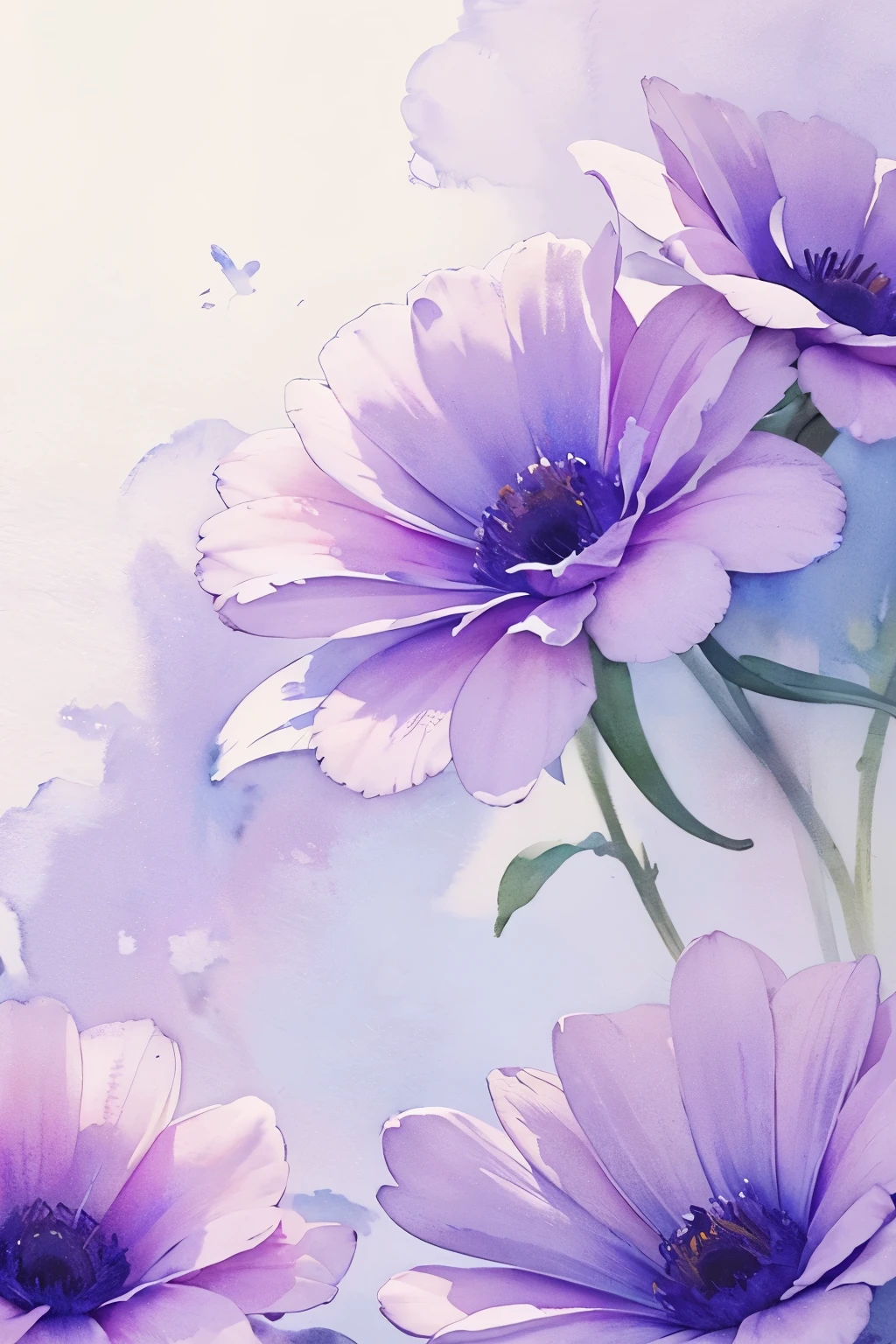 Draw a high-quality floral watercolor painting with hazy mood, blue and purple, and high details
