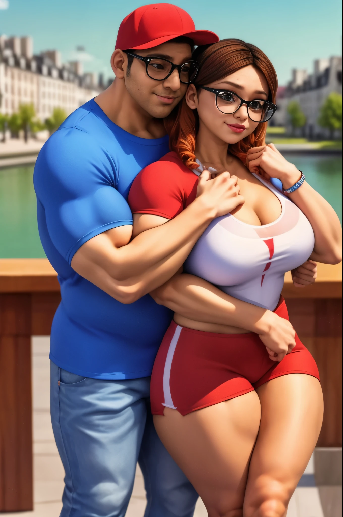 (masterpiece, best quality:1.2), A couple , boy Nino Lahiffe: Brown skin, dark hair, usually seen wearing a red cap, glasses, and casual clothing like a T-shirt and jeans, and a girl Alya Césaire: Brown skin, curly dark brown hair, often wears glasses, and typically seen in stylish, casual outfits. A casual day out with both characters in their everyday attire,Sharing a tender moment, like sitting on a rooftop overlooking Paris..(girl and boy:1), smiling, ((high resolution illustration)), ((extremely detailed)), (couple), Alya, Nino, Nino X Alya, (best quality,4k,8k,highres,masterpiece:1.2), ultra-detailed, realistic:1.37, HDR, studio lighting, extreme detail description, nino wearing a red cap, professional, vibrant colors, bokeh, ((muscular female bodybuilder)), detailed lips, strong embrace, romantic scene, intimate moment, intense passion, athletic bodies, fitness couple, gym.